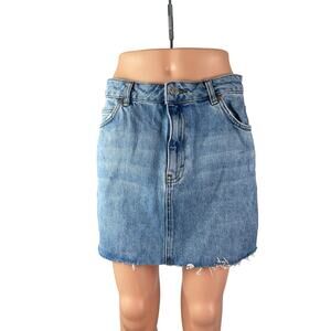 Topshop Moto Women Blue Medium Wash High Waist Raw Hem Pencil Denim Jean Skirt 8